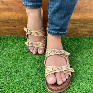 รองเท้าแตะผู้หญิงเปิดนิ้วเท้า, รองเท้าแตะหนังแท้ทำด้วยมือแท้แท้สไตล์ตะวันตกลำลองกลางแจ้งฟลิปฟลอป - Product Image 4