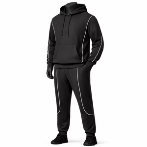 Wellprove Men's Black Hooded 100% Cotton Winter <b>Tracksuit</b> Set Full Sleeve Solid Color Casual Sportswear White <b>Stitching</b> Side - Product Image 3