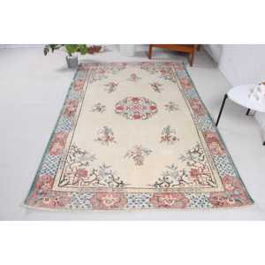 Vintage Turkish Area Rug 5.1x7.8 ft, <b>Red</b> Blue Ombr <b>Wool</b> Rug - Product Image 1