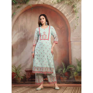 ชุดคุรตะผ้าฝ้ายพิมพ์ลายสีเขียวสำหรับผู้หญิง พร้อมผ้าคลุมไหล่ ผ้าเน็ตสไตล์ปากีสถาน-อินเดีย สำหรับงานพิธีกรรมและงานปาร์ตี้ - Product Image 6