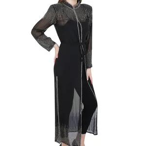Grosir Abaya Muslim Georgette Cardigan lintas batas gaya Arab eksklusif gaun Maxi Abaya dengan tali Spaghetti untuk dijual