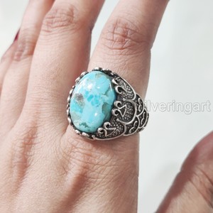 Grossiste Bague pour homme Bague en argent sterling 925 avec pierre précieuse turquoise naturelle Bague de naissance de décembre Toutes tailles Bijoux de fête arabes - Product Image 5