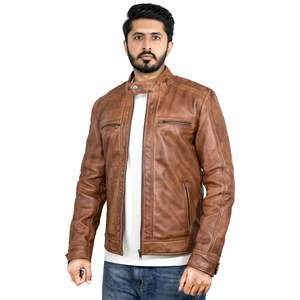 Autumn Stand Collar Genuine Leather Jacket XS-XXL Water Proof Ionic <b>Brown</b> with Zippered Closure ODM Supply Type - Product Image 2
