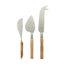 Service à fromage en acier inoxydable de haute qualité écologique et couteau Set de fromage poli miroir manche en rotin - Product Image 6