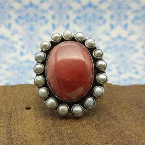 925 Sterling Silver Boho <b>Ring</b> 2024 Best Seller Handmade Oval Shape Rhodochrosite <b>Pearl</b> Gemstone Multiple Stones Diamond Weddings - Product Image 2