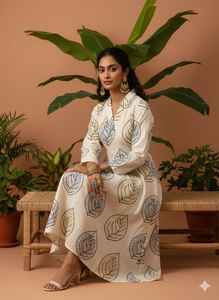 Conjunto de 2 Piezas Ajrakh con Escote Bardot, Diseño de Flores en Crochet, Volantes y Cuentas, en Chifón y Algodón, Secado Rápido y Absorción de Humedad - Product Image 3