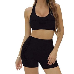 Conjunto de Ropa Interior Deportiva Transpirable para Mujer, Top y Pantalones Cortos de Yoga, Conjunto de Yoga con Logotipo Personalizado, Top y Pantalones Cortos de Yoga Negros de Spandex y Poliéster - Product Image 5