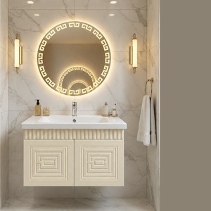 Ensemble de meubles de salle de bain flottants de luxe, motif diamant, gris mat, meuble-lavabo avec dessus en bois, lavabo en céramique, miroir LED inclus - Product Image 3