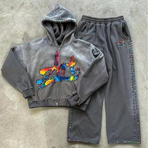 100% coton personnalisé strass Logo lavage à l'acide soleil délavé Vintage Streetwear pull bouffée impression soleil délavé strass sweats à capuche - Product Image 3