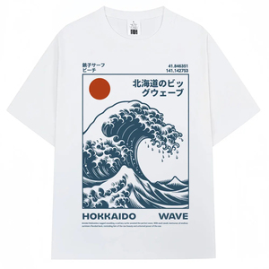 T-shirt vintage style japonais Hokkaido Wave pour hommes et femmes, mode Harajuku, t-shirts de haute qualité, coton surdimensionné, t-shirt d'été - Product Image 2