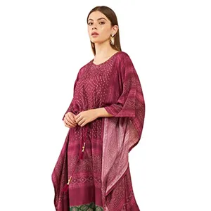 Şarap Muslin baskılı Kaftan takım elbise uzun Kimono Robe elbiseler Womens için CLEMIRA kadın düzenli Fit Top