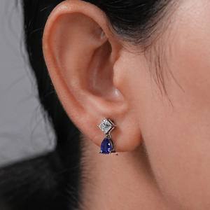 ต่างหูพลอยตัดรูปลูกแพร์สีทอง10K ทำจากไพลินและเจ้าหญิงตัดเพชรสองชิ้นของขวัญต่างหูห้อยเพชรแท้สำหรับผู้หญิง - Product Image 3