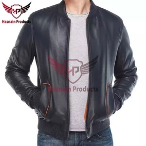 <b>Mens</b> Real Navy <b>Leather</b> Bomber <b>Jacket</b> Orange Piping Pockets Ribbed Collar Zip Front Sheepskin Coat Custom Varsity Winter Outer - Product Image 4