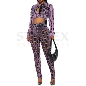 ชุดเสื้อผ้าสองชิ้นสำหรับผู้หญิงชุดเสื้อแจ็คเก็ตและกางเกงยีนส์ผ้าฝ้ายเดนิมสไตล์สตรีท - Product Image 6