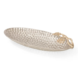 Cuenco decorativo ovalado de Metal martillado con mango de hoja dorada, cuenco largo para servir para aperitivos, frutas, mesa de centro de comedor, decoración del hogar - Product Image 1