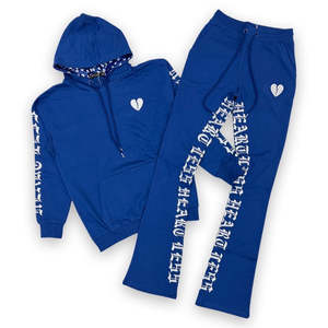 Pantalones de chándal acampanados de trabajo con parche personalizado y Sudadera con capucha, chándal de peso pesado apilado vintage, ropa de calle, chándal lavado con ácido - Product Image 1