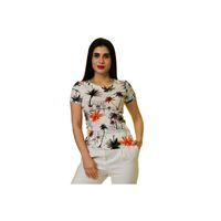 T-shirt décontracté pour femme en coton tricoté beige à imprimé palmiers, col rond, manches courtes, sans poche, lot de 1, provenance Turquie