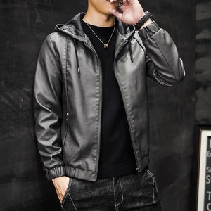 Veste d'automne pour homme, nouveau style, en similicuir noir uni, tissu tissé, broderie 3D, décoration en fourrure, rembourrage en coton, design à capuche - Product Image 6