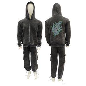 Lavage à l'acide 100% coton hiver nouveau Style survêtement empilé bouffée impression Logo pantalon de survêtement évasé et ensemble de sweat à capuche à fermeture éclair - Product Image 1