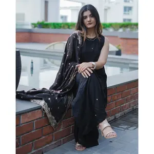 Indian Women'<b>s</b> Hand Embroidered Muslim Soot Black Rayon <b>Suit</b> Set - Product Image 3