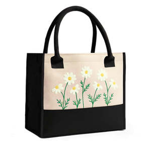 Floral Embroidery Large <b>Canvas</b> <b>Tote</b> Bag Custom Logo Durable Reusable Portable Zipper Closure All Seasons Daily Use Shopping - Product Image 1