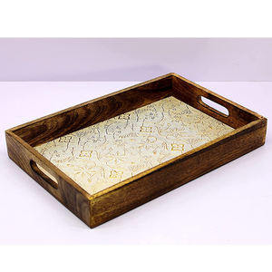 Royal Collection Bandeja redonda de madera y metal con asa Bandeja de servicio de madera más vendida Venta al por mayor Servicio de comida de madera natural - Product Image 6