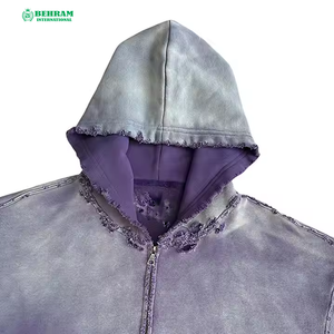 High Quality Drop Shoulder Blank Fleece 100% Cotton Breathable Quick Dry Unisex Vintage Stone Washed Heavyweight Full Zip Hoodie - Product Image 2