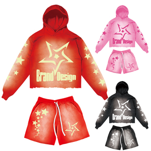 Ensembles pour hommes avec logo personnalisé ourlet brut délavé au soleil ensemble de deux pièces sweat à capuche et short de jogging délavés à l'acide pour hommes - Product Image 2