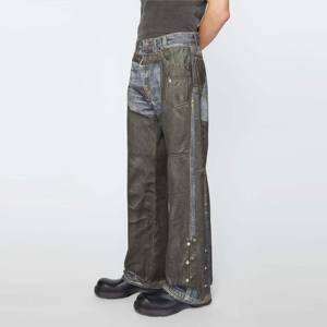 Pantalon imprimé-coupe ample, taille moyenne, jambe large et longue avec effet denim trompe l'oeil unique - Product Image 4