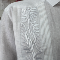 Kemeja Pria Linen Mewah 100% Linen Kemeja Lengan Panjang Pria Kancing Manset Prancis Bordir Bunga Lipit Depan Kemeja Pesta Pernikahan