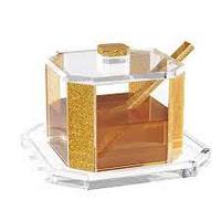 Élégante coupelle à miel moderne en acrylique avec couvercle et cuillère, design hexagonal, pour célébrer les traditions sucrées de Rosh Hashanah