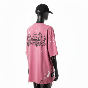 Women Oversize Tshirt Premium 240 GSM Cotton Jersey Soft Acid Wash Pink <b>Distressed</b> Screen Print Custom Logo Women Cotton T-Shirt - Product Image 4