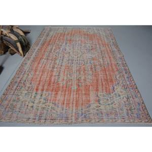 Tapis Turc Vintage Orange Bleu Patchwork Design 6.2X9.3 ft Laine Tissée à Plat avec Support en Latex pour Décorations de Salon - Product Image 1