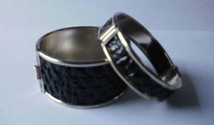 Handcrafted Luxury <b>Silver</b> Tone <b>Cuff</b> <b>Bracelet</b> With Elegant Black Crocodile Skin Textured Inlay Wide Hinged Bangle For Women High - Product Image 2
