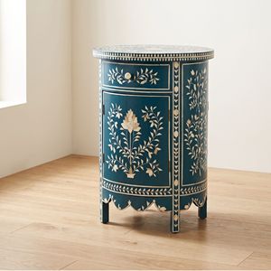 Handcrafted <b>Blue</b> Bone Inlay Round <b>Bedside</b> <b>Table</b> Luxury Nightstand Wholesale Custom Bedroom Furniture Home Decor - Product Image 1
