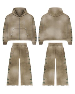 Unisex Hooded <b>Zip</b>-<b>Up</b> Tracksuit Set 100% Cotton Solid Lightweight 300g Loose Fit Casual Autumn Wear Full Length Pants Side - Product Image 1
