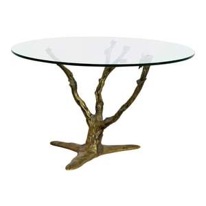 Vintage inspired aluminum <b>coffee</b> <b>table</b> with floral carving details and high clarity <b>glass</b> for eclectic or bohemian rooms - Product Image 4