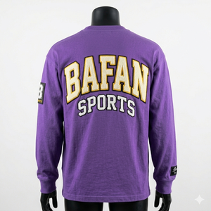 Camiseta de Manga Larga de Algodón Premium de 220 GSM, Color Morado, con Logotipo de Chenilla y Aplique Personalizado - Product Image 6