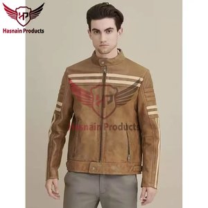 <b>Mens</b> Real Tan Leather <b>Jacket</b> Stand Collar White Racing Stripe Sheepskin Biker Coat Distressed Custom Vintage Winter Outerwear - Product Image 6