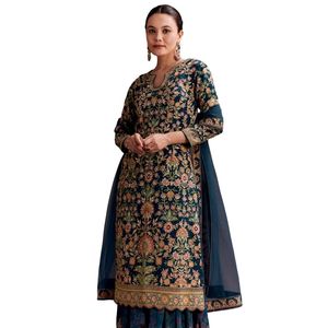 Ensemble Palazzo brodé bleu sarcelle vente en gros de vêtements ethniques pour femmes fournisseur d'usine de vêtements OEM tenue de fête de mariage personnalisée - Product Image 3