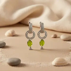 Boucles d'oreilles pendantes en argent pour femmes avec pierre de perle verte, tendance vintage, bijoux religieux à la mode pour les fêtes - Product Image 2
