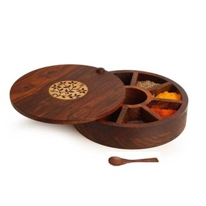 Handmade Wooden Table Top Spice <b>Box</b> Round Container With Partition for Kitchen Use Home Kitchen Spices Storage - Product Image 4