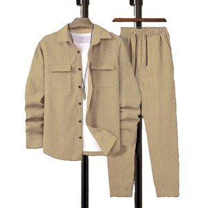 OEM Custom Logo Embroidery Men Corduroy Suit Solid Color Lace Up Sporty Casual Set Long Sleeve Trousers Outfit - Product Image 1
