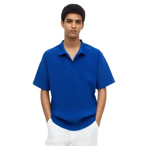 Premium Kwaliteit Heren Blauwe Kleur Geplooide Losse Pasvorm Open Omslagkraag Poloshirt Te Koop In Lage Tarieven