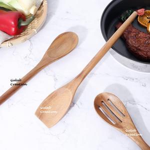 Ensemble de 3 cuillères de service en bois d'acacia artisanal, écologiques, lavables au lave-vaisselle, pour la cuisine, le mélange et le service de salades - Product Image 3
