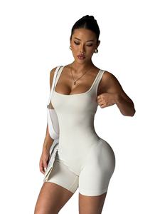 Combinaison de yoga classique sans coutures à dos en U, col rond, sans manches, couleur unie, antibactérienne, en Spandex/Nylon, longueur cheville - Product Image 3