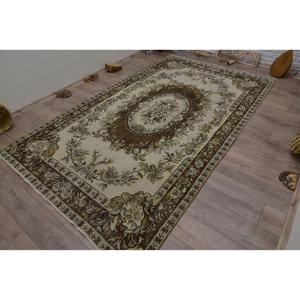 Tapis turc grand format 5,9x9,6 pieds, vintage, écologique, beige, marron, patchwork, en laine, avec envers en latex - Product Image 3