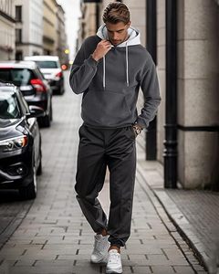 Sudadera con capucha de manga larga para hombre, personalizada OEM, tops de invierno, sudadera de forro polar con bloques de color, bolsillo, transpirable, teñido liso - Product Image 5