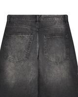 Jeans en denim à jambe large pour homme, noir et gris délavé, taille haute, coupe ample, streetwear, motif de flamme brodé, fabricant OEM personnalisé