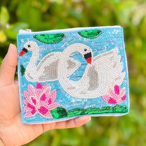 <b>Small</b> white beaded embroidery coin <b>purse</b> colorful rainbow arch design zipper pouch handmade mini makeup bag <b>women</b> travel wallet - Product Image 1